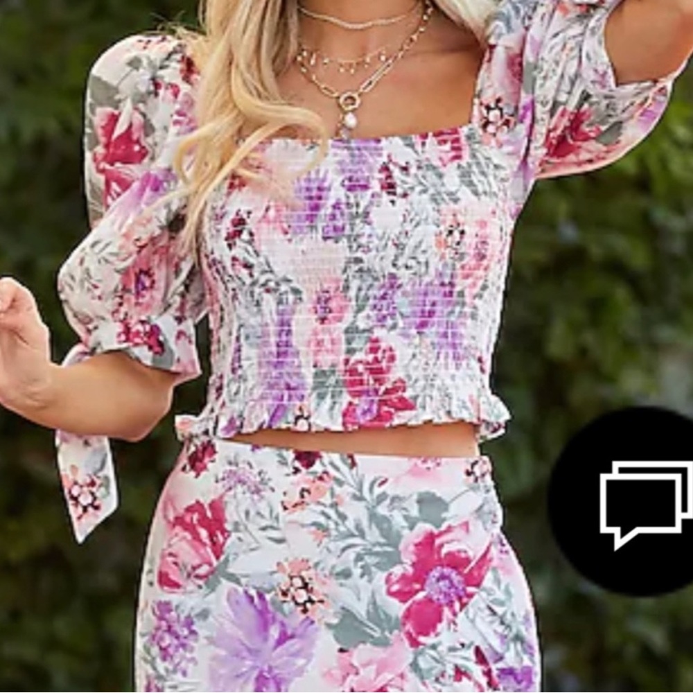 Express Floral Smocked Crop Top in Pink & Purple